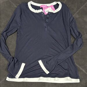NWT Edikted Navy Long Sleeve Henley Top with White Layered Trim M